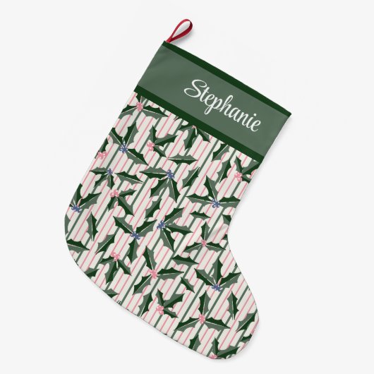 Grande Chaussette De Noël Retro Green Holly avec nom (Devant (Accrochage))