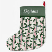 Grande Chaussette De Noël Retro Green Holly avec nom (Dos)