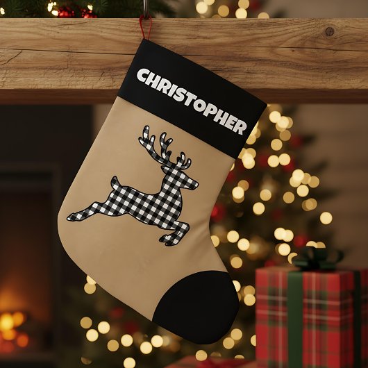 Grande Chaussette De Noël Rindeer Russe Noir & Blanc Plaid Nom personnalisé