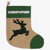 Grande Chaussette De Noël Rindeer Rustique Vert & Noir Plaid Nom personnalis (Devant)