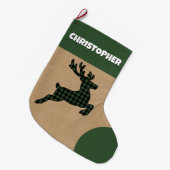 Grande Chaussette De Noël Rindeer Rustique Vert & Noir Plaid Nom personnalis (Devant (Accrochage))