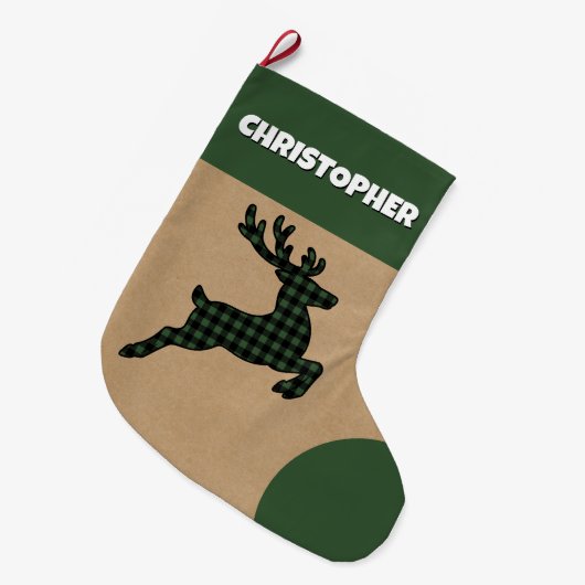 Grande Chaussette De Noël Rindeer Rustique Vert & Noir Plaid Nom personnalis (Devant (Accrochage))