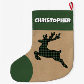 Grande Chaussette De Noël Rindeer Rustique Vert & Noir Plaid Nom personnalis (Dos)
