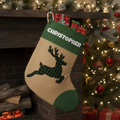 Grande Chaussette De Noël Rindeer Rustique Vert & Noir Plaid Nom personnalis
