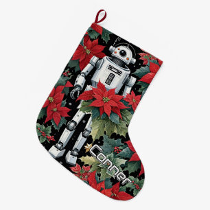 Grande Chaussette De Noël Robot de Noël mécanique avec poinsettias