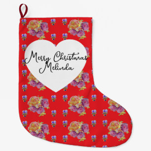 Grande Chaussette De Noël Rose rouge florale démodée Nom de filles de Noël