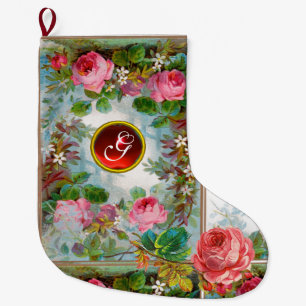GRANDE CHAUSSETTE DE NOËL ROSES ROSES ROSES ROSES, JASMINES MONOGRAMME FLORA