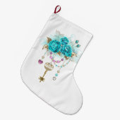Grande Chaussette De Noël Roses turquoise avec touches (Devant (Accrochage))