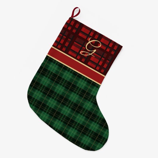 Grande Chaussette De Noël Rouge et vert douillette avec Gold Initial (Devant (Accrochage))