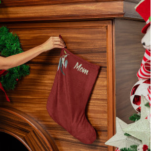 Grande Chaussette De Noël Rouge foncé avec feuilles à l'aquarelle nommées