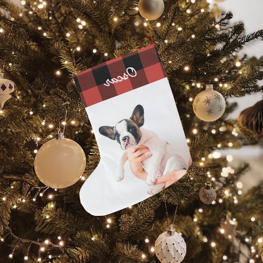 Grande Chaussette De Noël Rouge moderne Plaid & Nom Grand Stocking de Noël