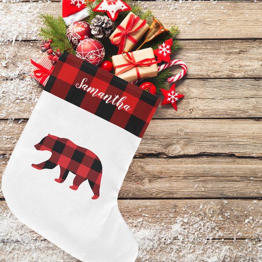 Grande Chaussette De Noël Rouge Plaid Avec Nom Et Ours