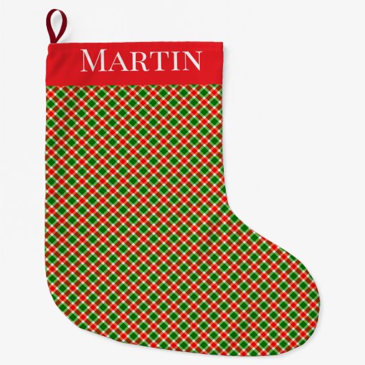 Grande Chaussette De Noël Rouge vert et blanc plaid sur point (Devant)