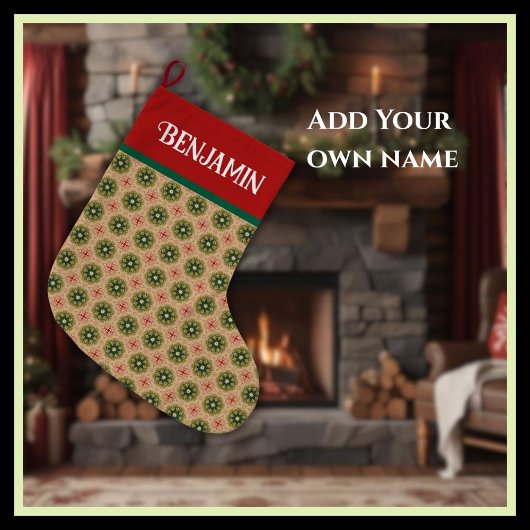 Grande Chaussette De Noël Rustic Green Pine Needles and Red Lace