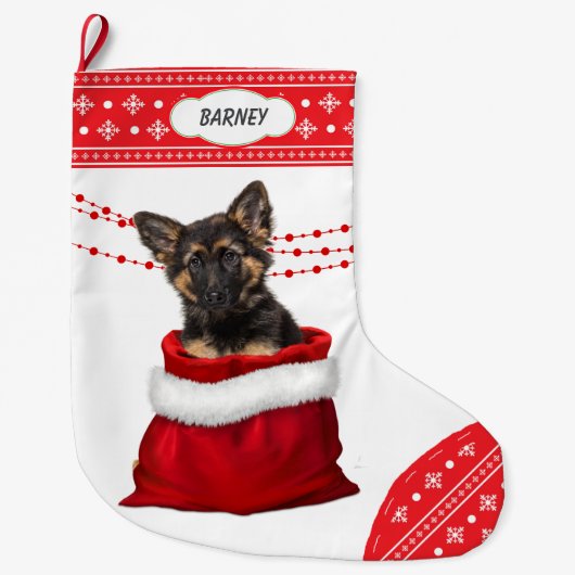 Grande Chaussette De Noël Sac cadeau Allemagne Berger Chiot Puppy Snowflake  (Devant)