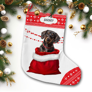 Grande Chaussette De Noël Sac cadeau noir Tan Dachshund Chien Snowflake Bord