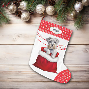 Grande Chaussette De Noël Sac cadeau Schnauzer Terrier Puppy Snowflake Bordu