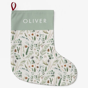 Grande Chaussette De Noël Sage vert botanique élégant moderne cadeau familia