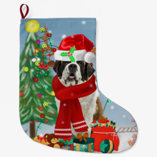 Grande Chaussette De Noël Saint Bernard Chien à Noël de neige