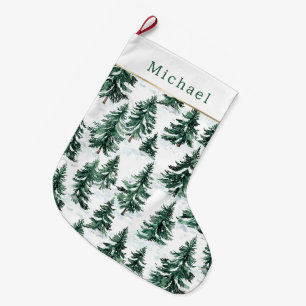 Grande Chaussette De Noël Sapins de Noël verts enneigés dorés