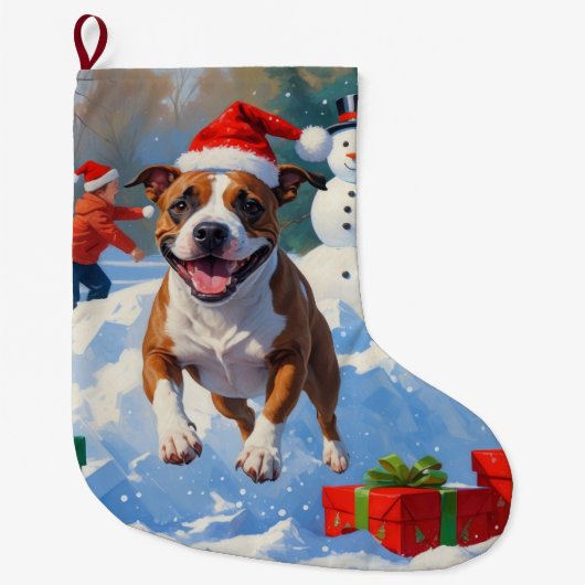 Grande Chaussette De Noël Scène de Noël de Bull Terrier (Devant)