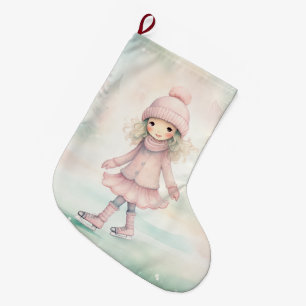 Grande Chaussette De Noël Scène d'hiver de la menthe et rose patinage fémini