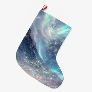 Grande Chaussette De Noël Scène hivernale des aurores boréales Joyeuses Fête