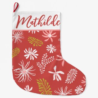 Grande Chaussette De Noël Script de calligraphie florale rouge et rose