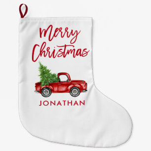 Grande Chaussette De Noël Scripts de brosse rouge Arbre rouge Vintage