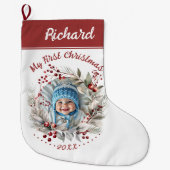 Grande Chaussette De Noël Serre avec baies Bébé Première photo de Noël (Devant)