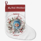 Grande Chaussette De Noël Serre avec verdure Photo de Noël du bébé (Devant)