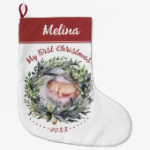 Grande Chaussette De Noël Serres et verdure Première photo de Noël du bébé (Devant)