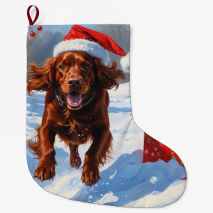 Grande Chaussette De Noël Setter Rouge Irlandais Courant dans la Neige avec
