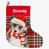 Grande Chaussette De Noël Shepherd and Red Plaid with Dog (Devant)