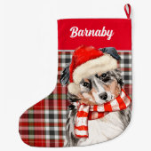 Grande Chaussette De Noël Shepherd and Red Plaid with Dog (Dos)