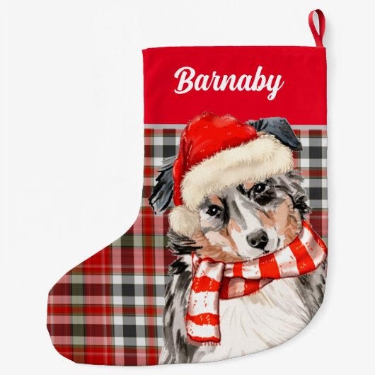 Grande Chaussette De Noël Shepherd and Red Plaid with Dog (Dos)
