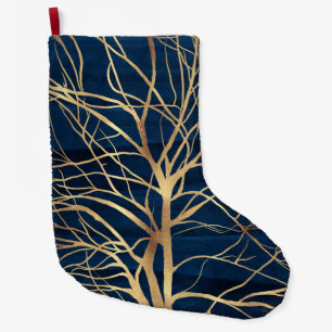 Grande Chaussette De Noël Silhouette Arbre d'Or moderne Design bleu minimal