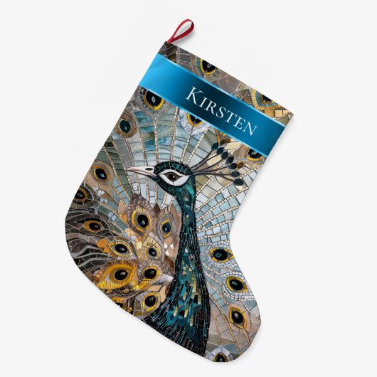 Grande Chaussette De Noël Silver Gold Turquoise Blue Peacock Nom de Noël (Devant (Accrochage))