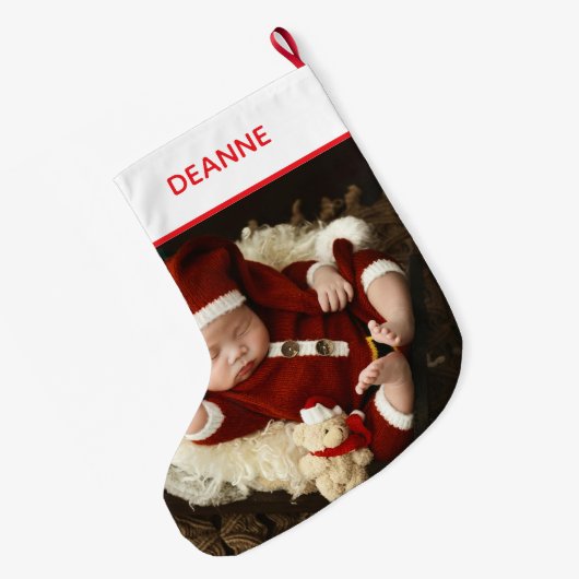 Grande Chaussette De Noël Simple Elegant Baby's First Christmas 1 Photo (Dos (Accrochage))