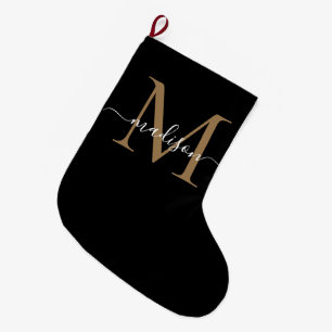 Grande Chaussette De Noël Simple Noir Monogramme Élégant Script Girl