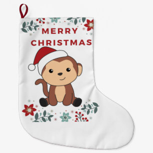 Grande Chaussette De Noël Singe Noël Neige Hiver Animaux Singes