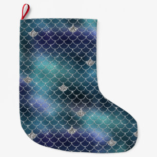 Grande Chaussette De Noël Sirène bleu aqua argenté