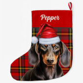 Grande Chaussette De Noël Smooth Dachshund Dog Holiday Plaid Personalized (Dos)