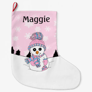 Grande Chaussette De Noël Snowman rose et Snowflakes Personnalisé