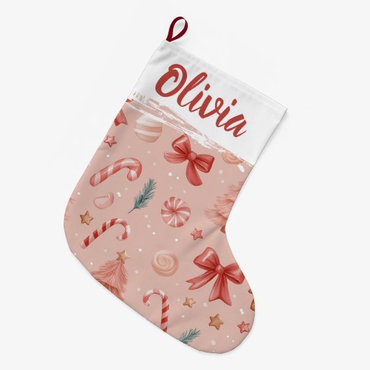 Grande Chaussette De Noël Soft Pink Festive Pattern Christmas Stocking (Devant (Accrochage))