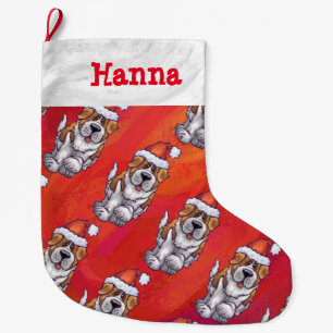Grande Chaussette De Noël St Bernard dans le motif de casquette sur le rouge