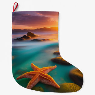 Grande Chaussette De Noël Starfish sur la plage à Dawn
