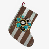 Grande Chaussette De Noël Steampunk Clock and Turquoise Roses on Striped (Devant (Accrochage))