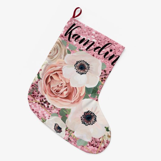 Grande Chaussette De Noël Stockage personnalisé Glitte Rose de jardin géomét (Devant (Accrochage))