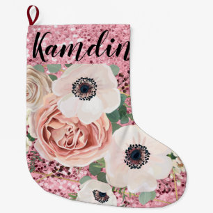 Grande Chaussette De Noël Stockage personnalisé Glitte Rose de jardin géomét